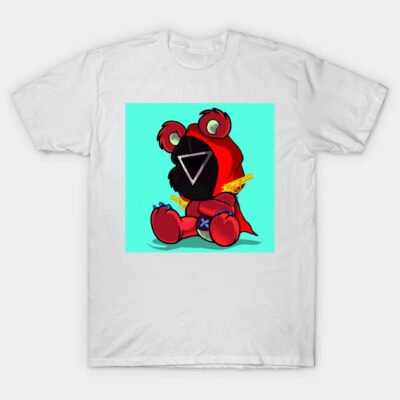 White T-shirt featuring a red cartoon bear with pizza slice, playful graphic design for casual wear.