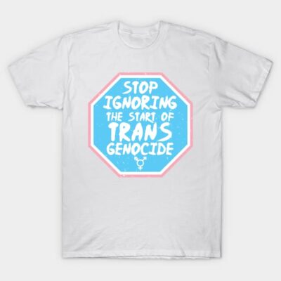 White unisex t-shirt with blue and pink octagon design, featuring a bold message for awareness and support.