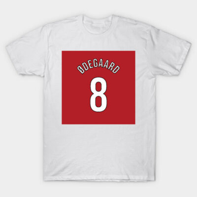 White cotton T-shirt with red square design, featuring number 8 and text in white. Casual wear, unisex style.
