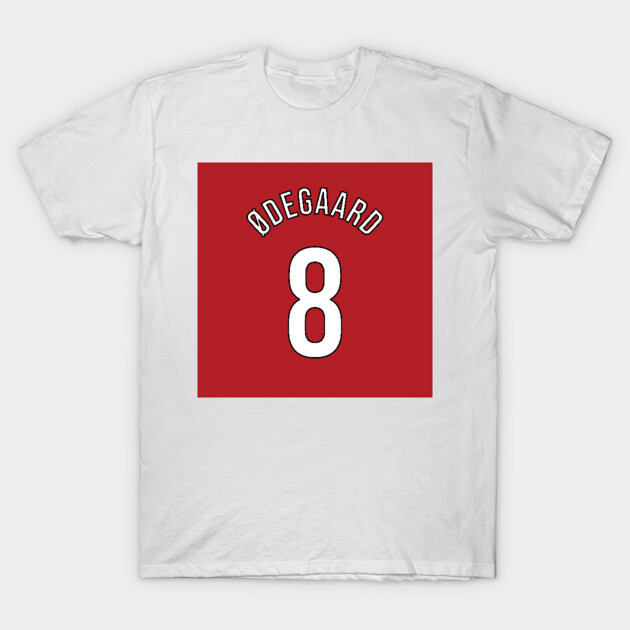 White cotton T-shirt with red square design, featuring number 8 and text in white. Casual wear, unisex style.