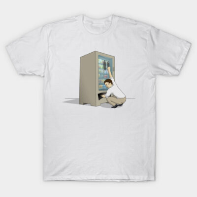 White cotton t-shirt with humorous vending machine graphic, casual style, perfect for everyday wear.
