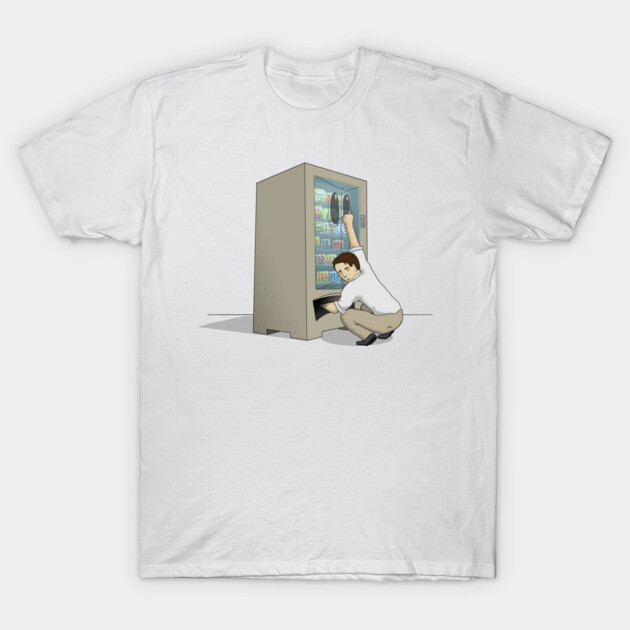 White cotton t-shirt with humorous vending machine graphic, casual style, perfect for everyday wear.