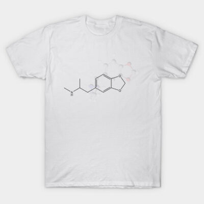 White t-shirt with chemical structure design, casual style, cotton material, ideal for science enthusiasts.