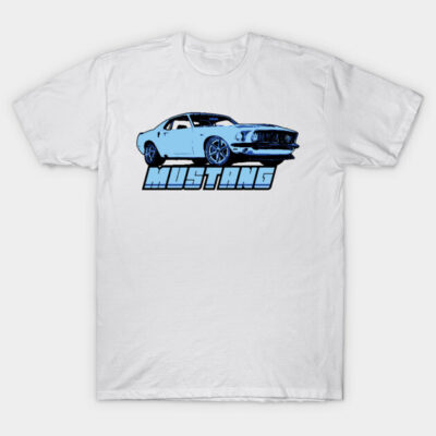White T-shirt featuring a blue vintage car graphic and "Mustang" text, ideal for casual wear or car enthusiasts.