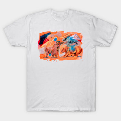 White t-shirt with abstract bull and bear design in vibrant colors, ideal for casual wear and stock market enthusiasts.