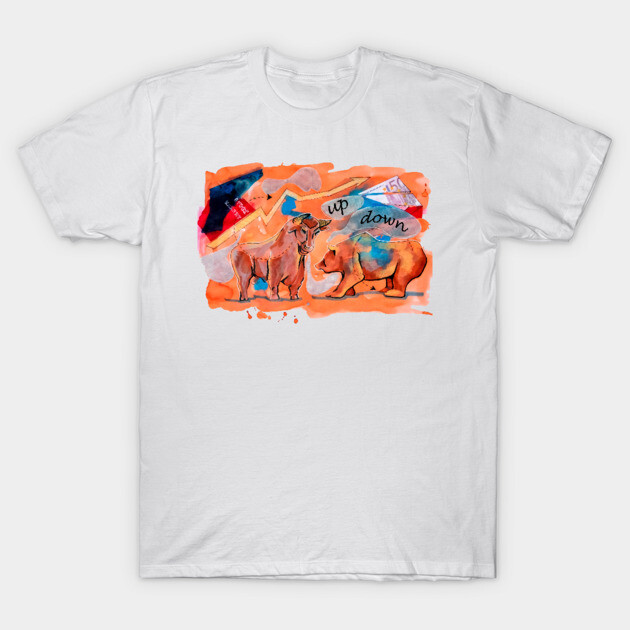 White t-shirt with abstract bull and bear design in vibrant colors, ideal for casual wear and stock market enthusiasts.