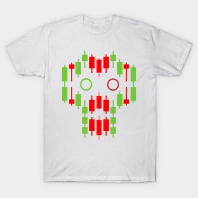 White t-shirt with red and green candlestick chart pattern, casual style, cotton material, ideal for traders.
