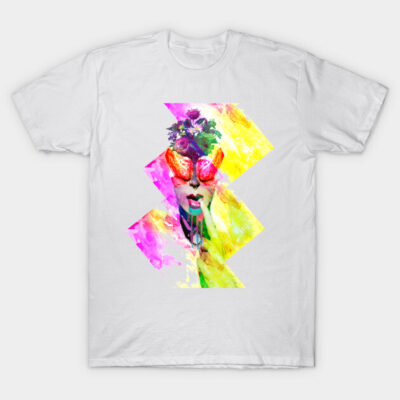 White graphic t-shirt with colorful abstract floral design, unisex style, cotton material, perfect for casual wear.