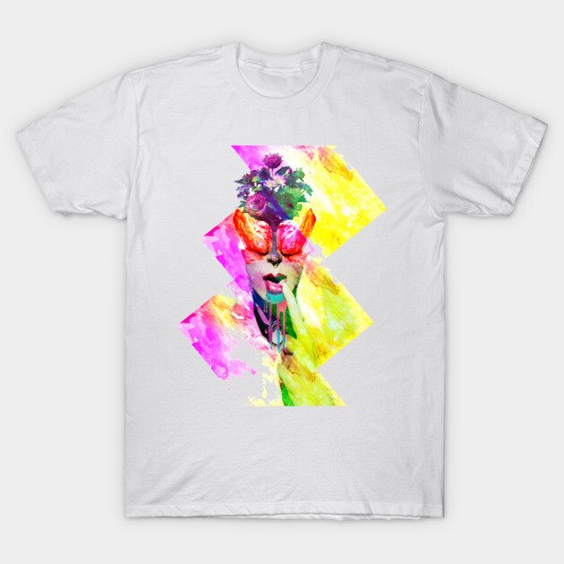 White graphic t-shirt with colorful abstract floral design, unisex style, cotton material, perfect for casual wear.