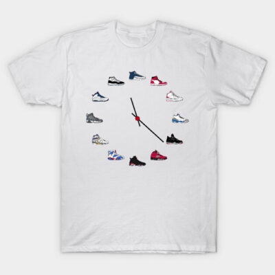 White t-shirt with clock design made of colorful sneaker graphics, casual style, cotton material, unisex.