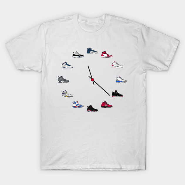 White t-shirt with clock design made of colorful sneaker graphics, casual style, cotton material, unisex.