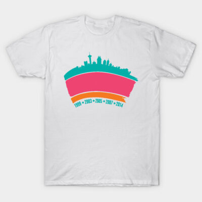White t-shirt with colorful cityscape design and years printed, cotton, casual style, suitable for everyday wear.