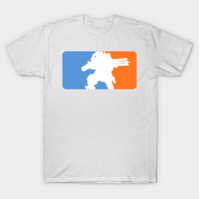 White cotton t-shirt with blue and orange robot silhouette graphic, casual style for everyday wear.