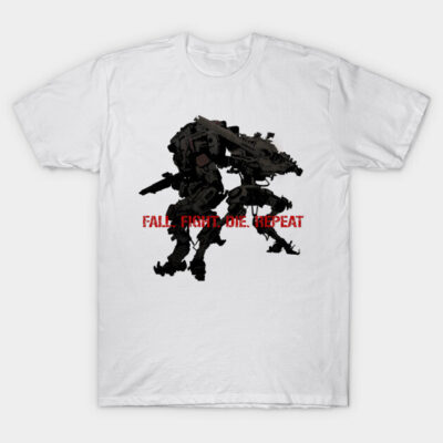 White t-shirt with black mech design and red text "Fall. Fight. Die. Repeat." Ideal for casual wear, cotton material.