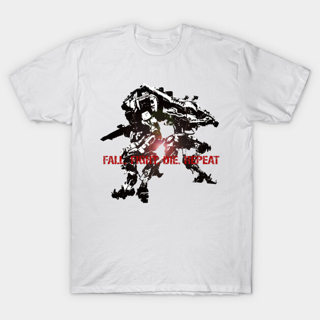 White T-shirt with black and red graphic design, featuring text "Fall. Fight. Die. Repeat." Ideal for casual wear.