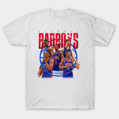 White Detroit Bad Boys graphic T-shirt, featuring vintage basketball design, unisex casual style, soft cotton fabric.