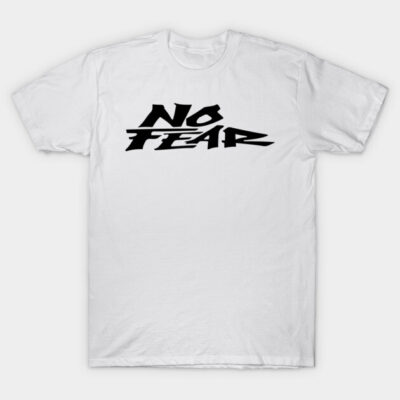 White cotton t-shirt with bold "No Fear" black text, casual wear, unisex style, perfect for everyday use.