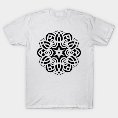 White t-shirt with black mandala design, casual wear, 100% cotton, unisex, ideal for everyday use or gifting.