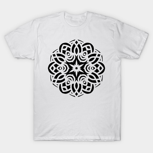 White t-shirt with black mandala design, casual wear, 100% cotton, unisex, ideal for everyday use or gifting.