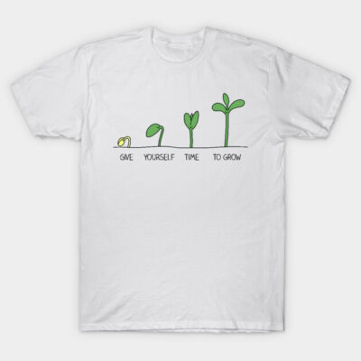 White cotton t-shirt with green plant growth design and "Give Yourself Time to Grow" text, casual wear.