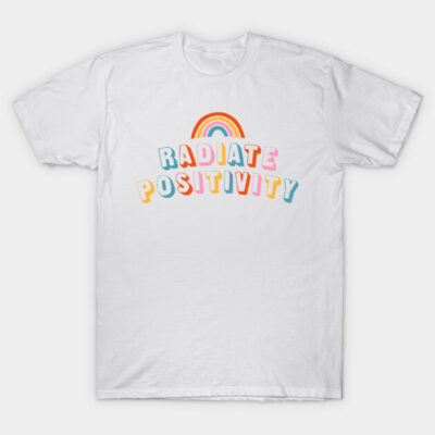 White "Radiate Positivity" T-shirt with colorful rainbow design, casual style, cotton material, perfect for everyday wear.