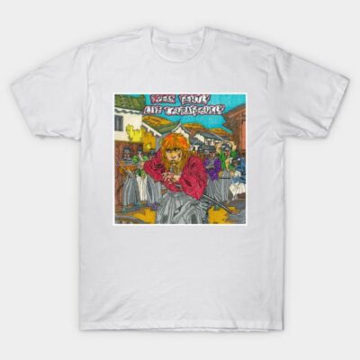 White t-shirt featuring colorful comic-style graphic design, ideal for casual wear, cotton material.