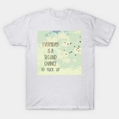White cotton T-shirt with motivational quote design and sky background, casual wear, unisex style.