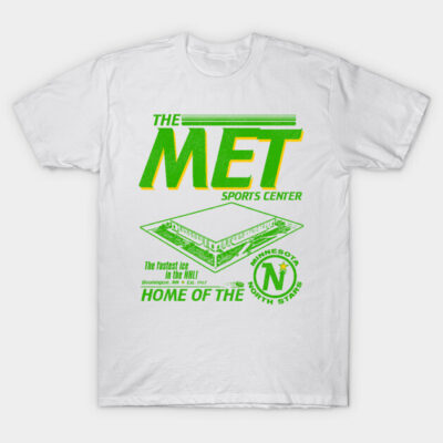 White t-shirt featuring "The Met Sports Center" design in green and yellow, ideal for sports fans and casual wear.