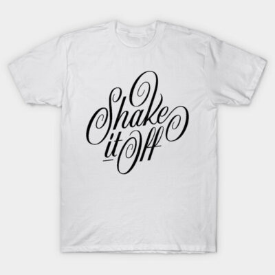White cotton t-shirt with "Shake it Off" script design, casual style, perfect for everyday wear.