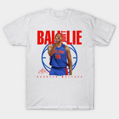 White cotton t-shirt featuring a basketball-themed graphic design with bold red and blue elements.