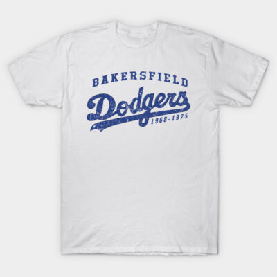 White Bakersfield Dodgers T-shirt with blue vintage text, 100% cotton, casual wear, unisex, comfortable, durable fabric.