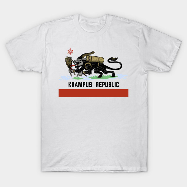 White "Krampus Republic" T-shirt featuring a mythical creature design, perfect for casual wear and holiday events.