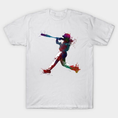 White T-shirt with colorful abstract baseball player design, casual style, ideal for sports fans and everyday wear.