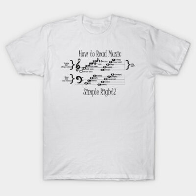 White music-themed t-shirt with "How to Read Music" print, casual style, cotton material, unisex design.