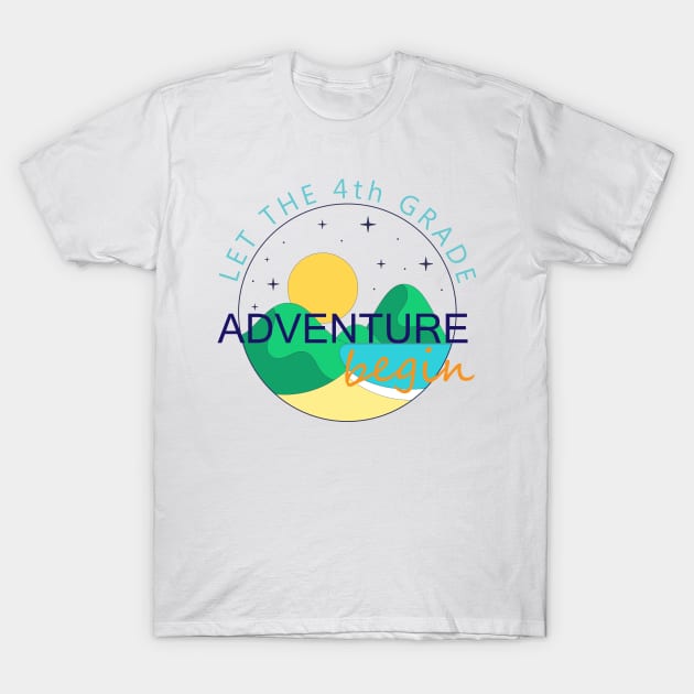 White t-shirt with "Let the 4th Grade Adventure Begin" graphic, colorful design, casual wear, cotton material.