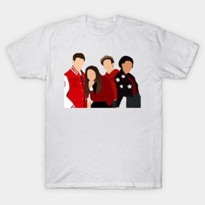 White cotton t-shirt with abstract group design, featuring red and black accents, casual wear.