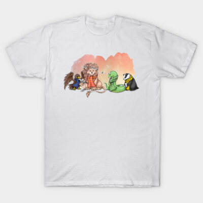 White T-shirt with whimsical animal illustration, featuring a lion, snake, badger, and eagle on a colorful background.