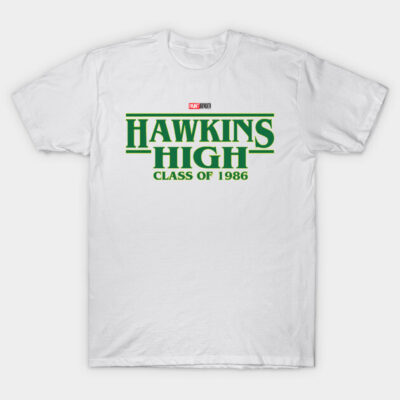 White "Hawkins High Class of 1986" t-shirt, green text, casual style, cotton material, nostalgic school design.