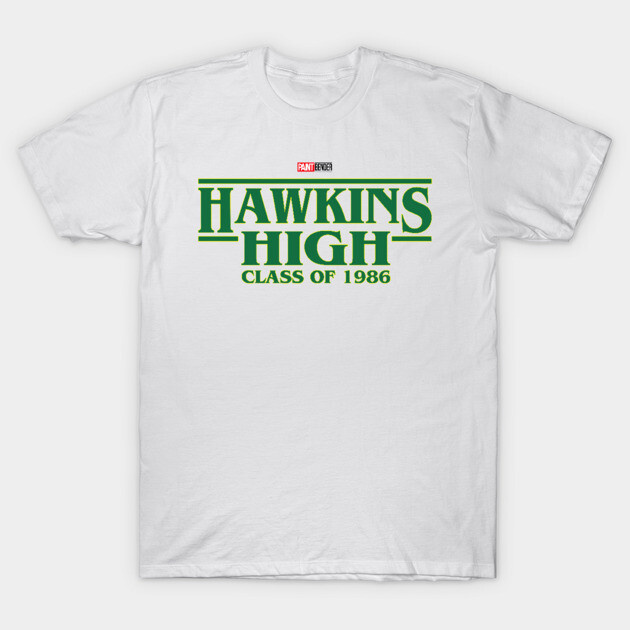 White "Hawkins High Class of 1986" t-shirt, green text, casual style, cotton material, nostalgic school design.