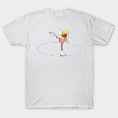 White cotton T-shirt featuring colorful cartoon ice skater design, ideal for casual wear and skating enthusiasts.