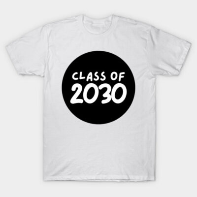 White "Class of 2030" t-shirt, bold black circle design, casual style, perfect for school events or graduation celebrations.