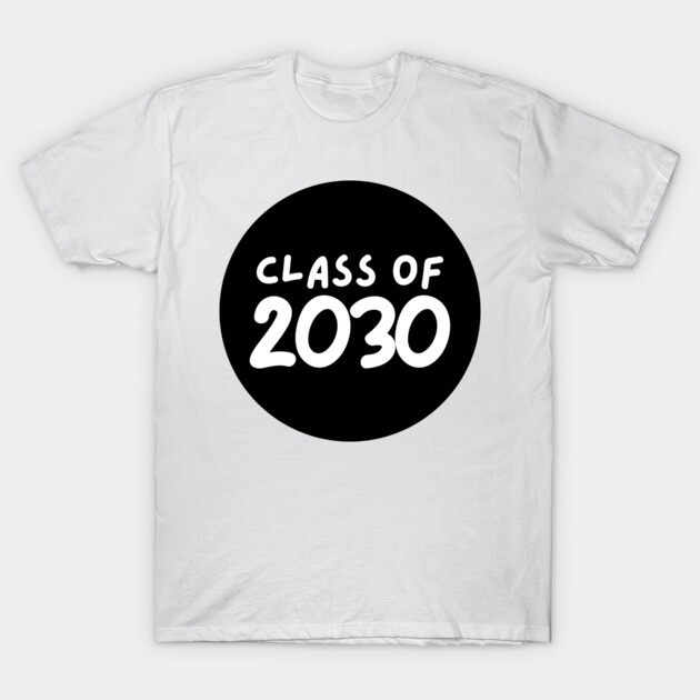 White "Class of 2030" t-shirt, bold black circle design, casual style, perfect for school events or graduation celebrations.