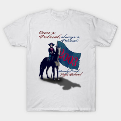White t-shirt featuring "Once a Patriot, always a Patriot" design with horse and rider graphic, 2003 theme. Ideal for alumni.