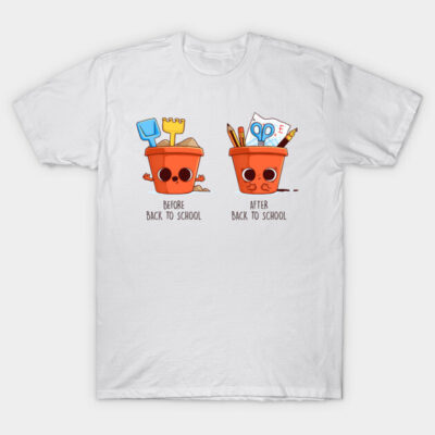 White cotton t-shirt with playful "Before and After Back to School" design, featuring colorful school supplies illustration.