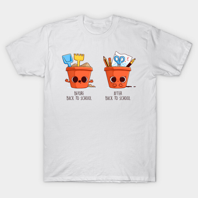 White cotton t-shirt with playful "Before and After Back to School" design, featuring colorful school supplies illustration.