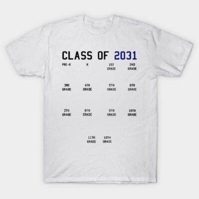 White "Class of 2031" t-shirt with grade levels design, soft cotton, casual wear, perfect for school events.