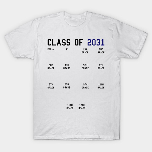 White "Class of 2031" t-shirt with grade levels design, soft cotton, casual wear, perfect for school events.