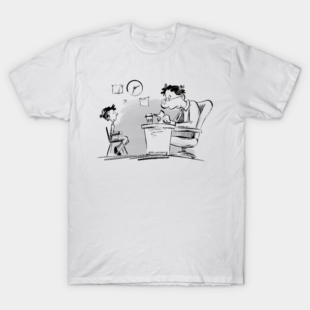 White T-shirt with black cartoon office graphic, casual style, cotton material, ideal for everyday wear.