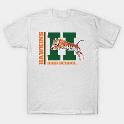 White t-shirt with green and orange "Hawkins High School" logo featuring a tiger design, casual cotton apparel.