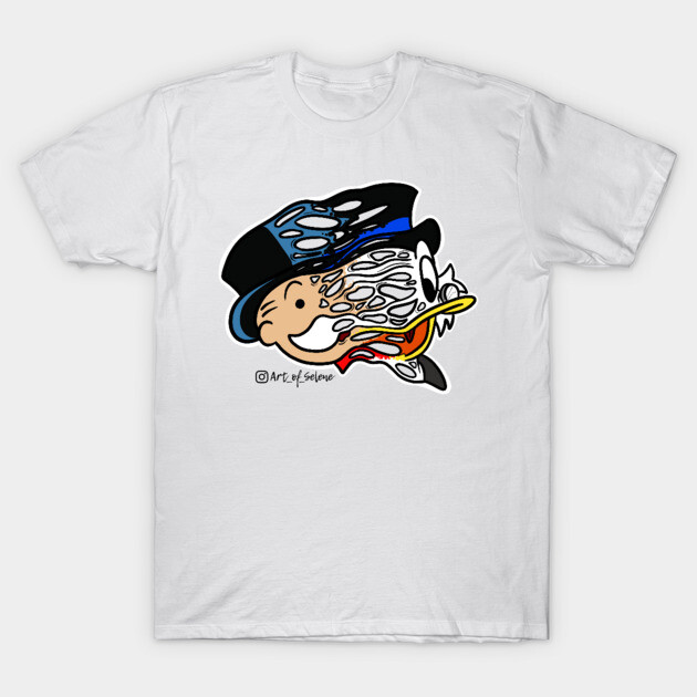White t-shirt with colorful abstract design, featuring a melting cartoon character, casual wear, cotton material.